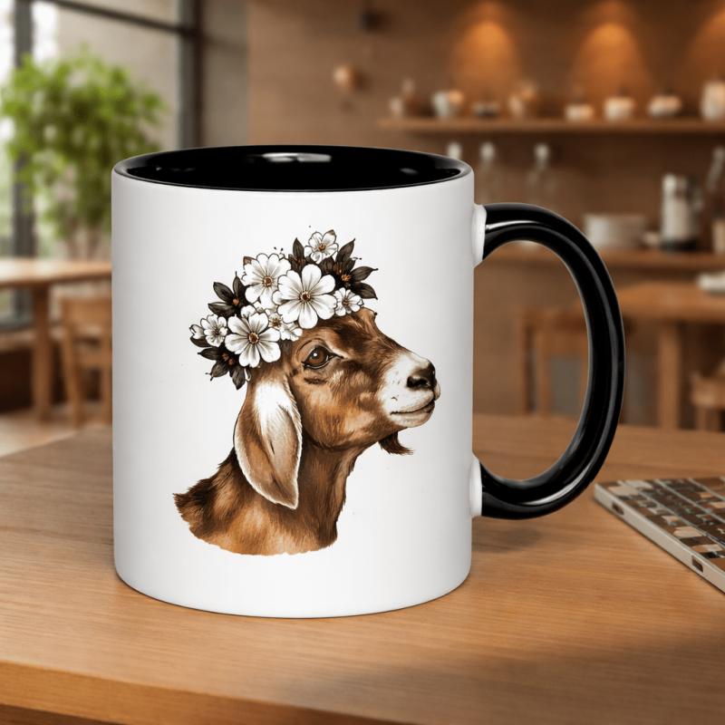 Tailorly Black Accent 11 oz Mug - goat with a flower