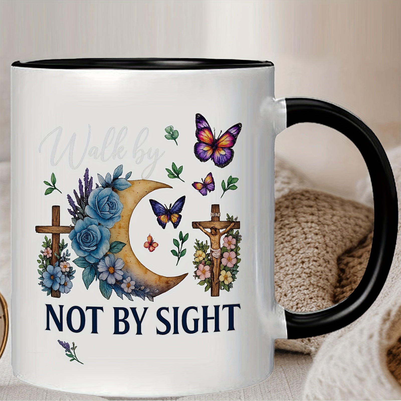 Tailorly Black Accent 11 oz Mug - not by sight bible verse elegant floral cross butterflies design