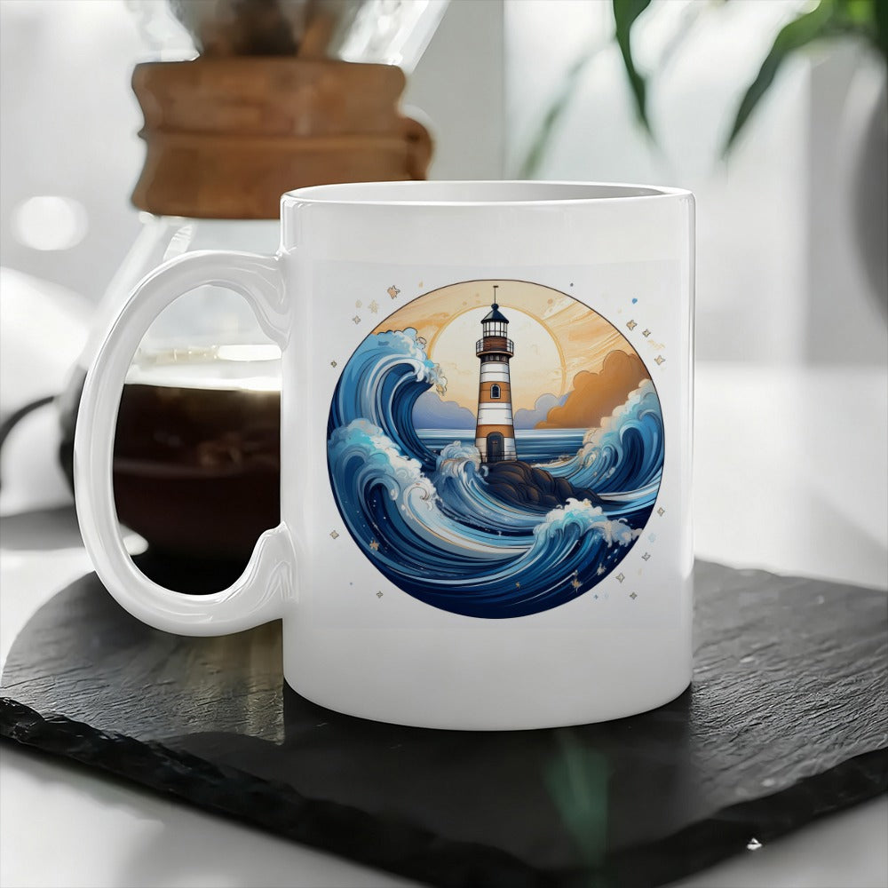Tailorly White Ceramic 11 oz Mug - lighthouse and coffee illustration