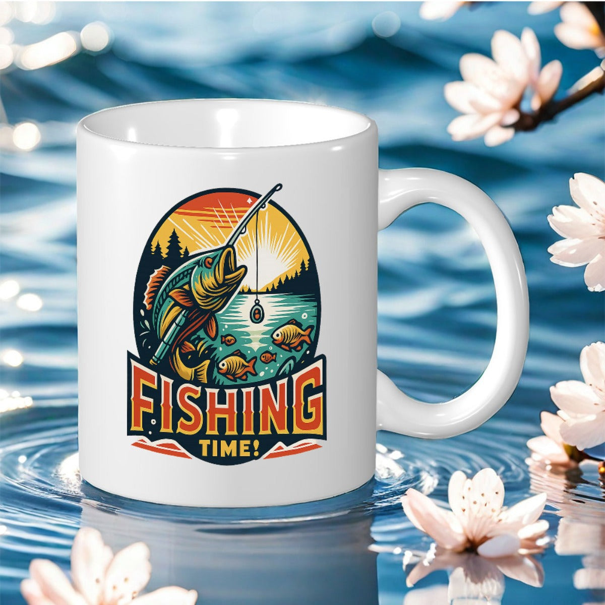 Tailorly White Ceramic 11 oz Mug - fishing time with vibrant fish lakeside sunset