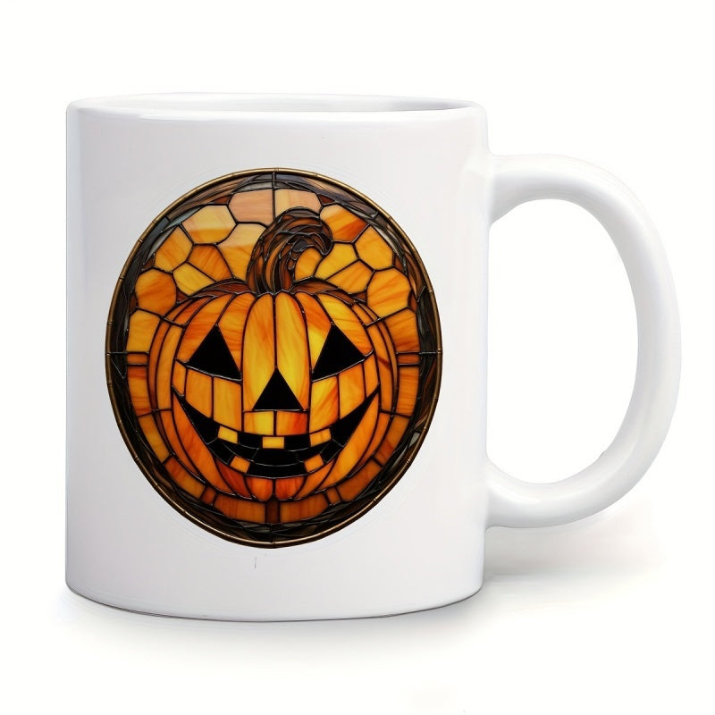 Tailorly White Ceramic 11 oz Mug - halloween pumpkin stained glass vibrant orange jack o lantern