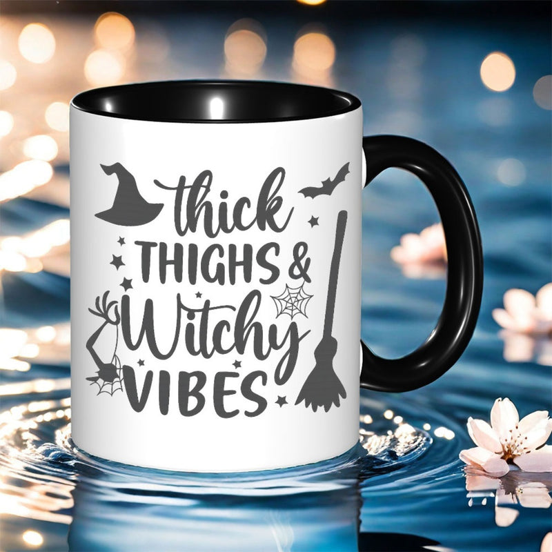 Tailorly Black Accent 11 oz Mug - witchy with broom and stars print