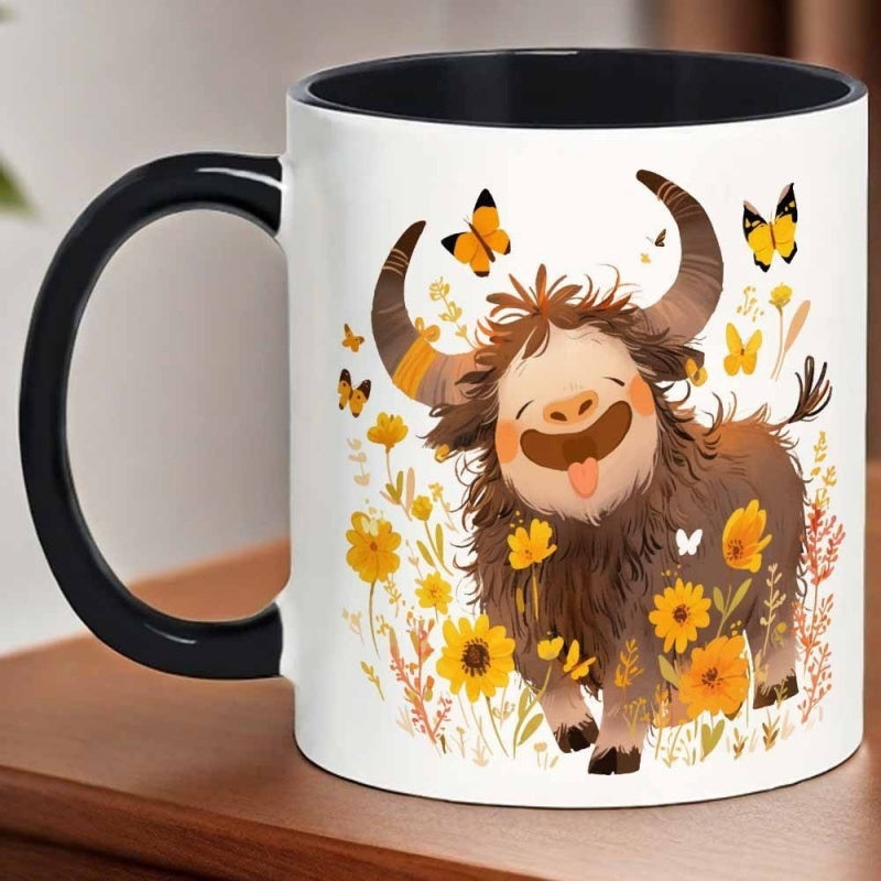 Tailorly Black Accent 11 oz Mug - yak with vibrant flowers and butterflies