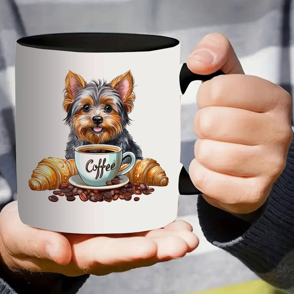 Tailorly Black Accent 11 oz Mug - yorkshire terrier with coffee cup and croissants