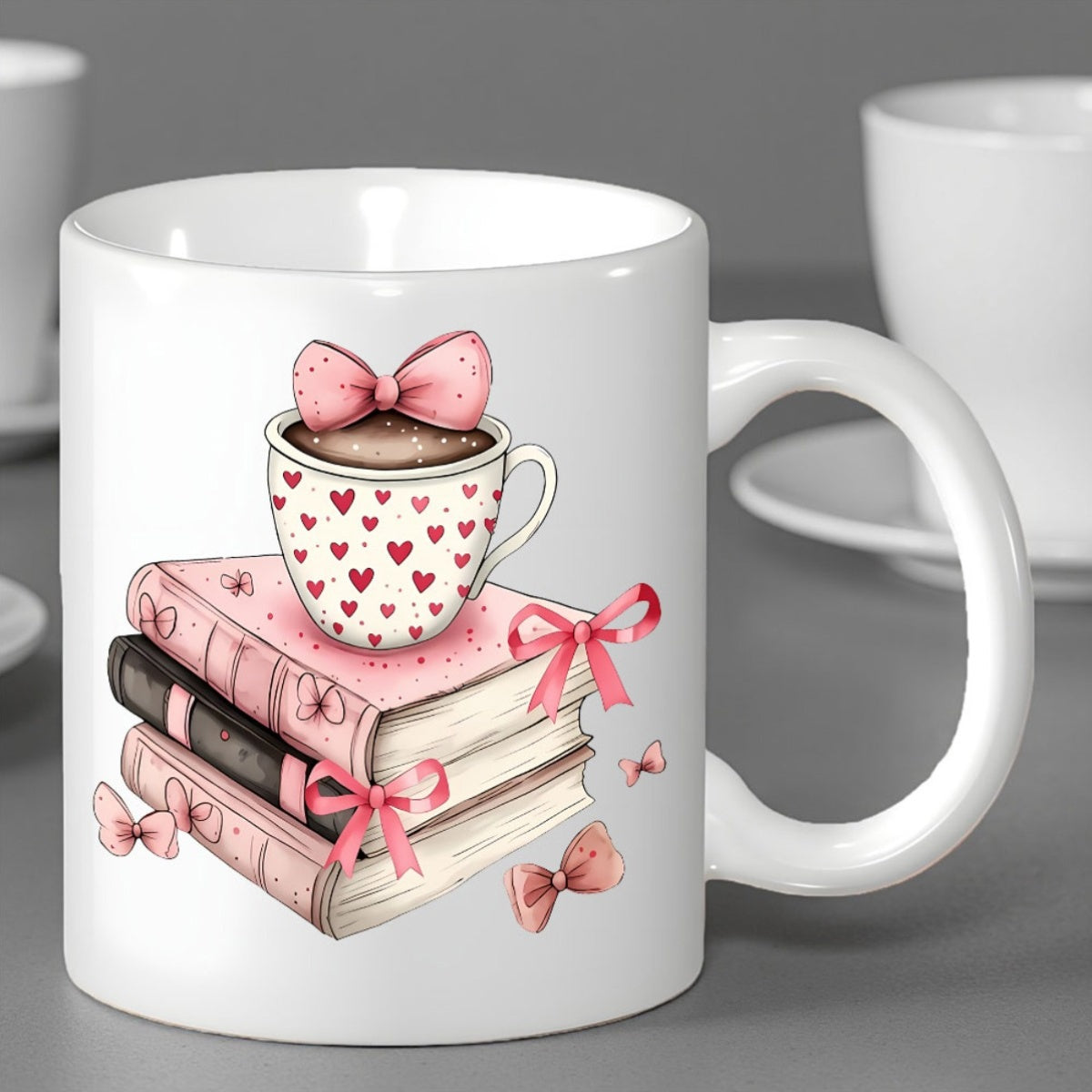 Tailorly White Ceramic 11 oz Mug - pink bow hearts book lovers valentines christmas