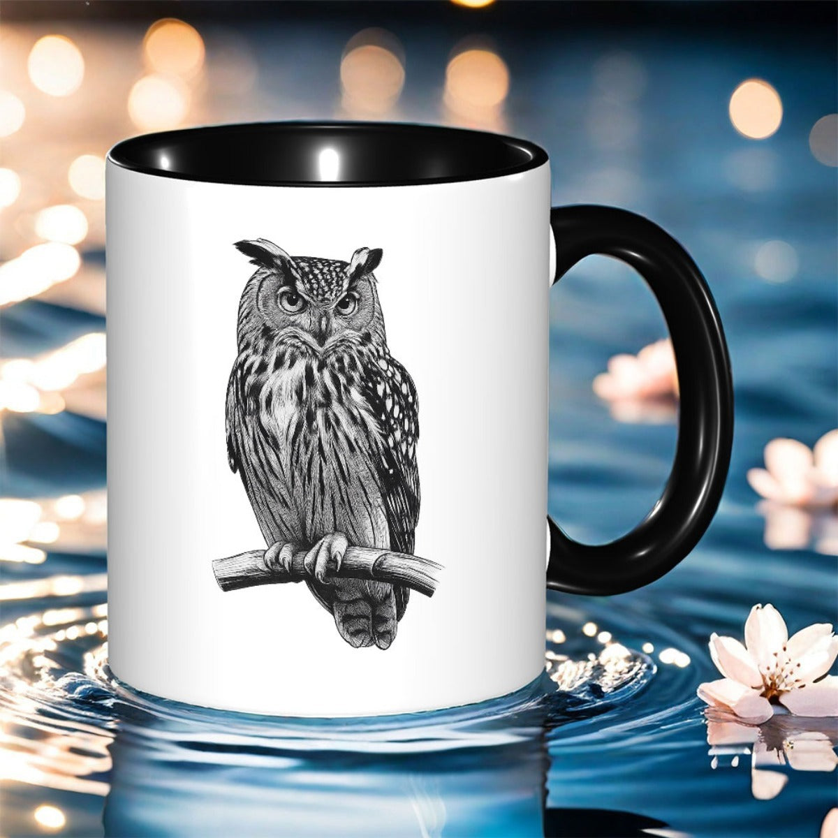 Tailorly Black Accent 11 oz Mug - owl on a branch