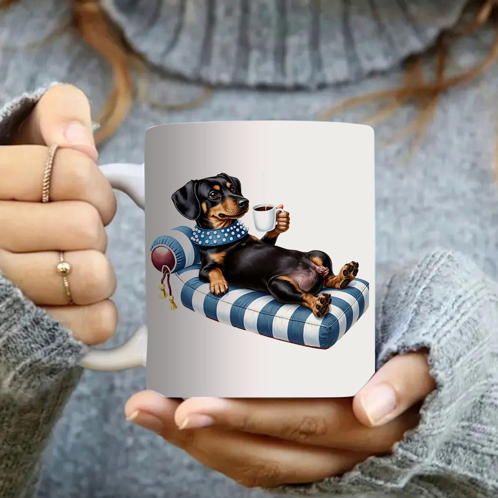 Tailorly White Ceramic 11 oz Mug - dachshund dog holding coffee mug on striped couch