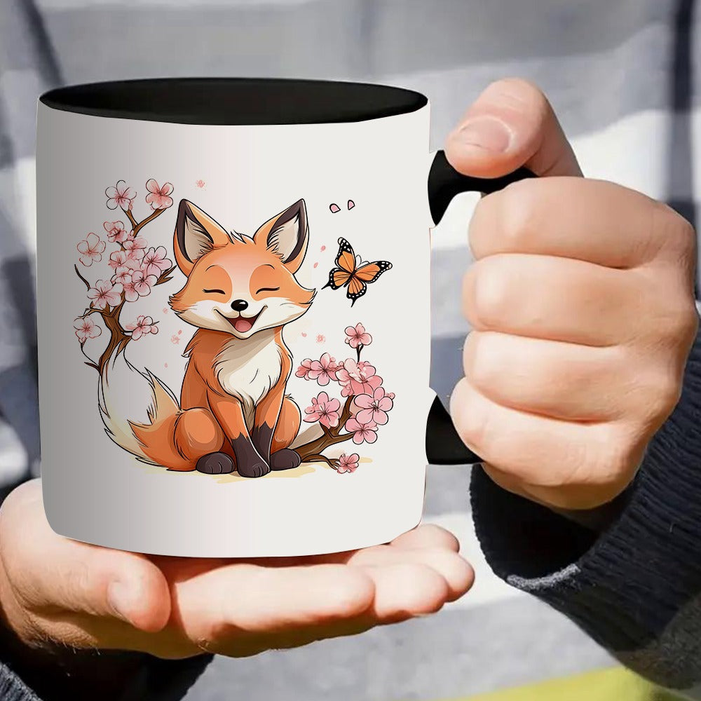 Tailorly Black Accent 11 oz Mug - adorable fox with cherry and butterflies