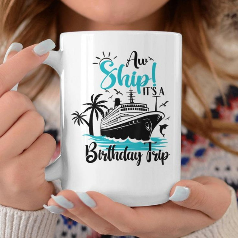 Tailorly White Ceramic 11 oz Mug - birthday trip， cruise ship， palm trees， ocean