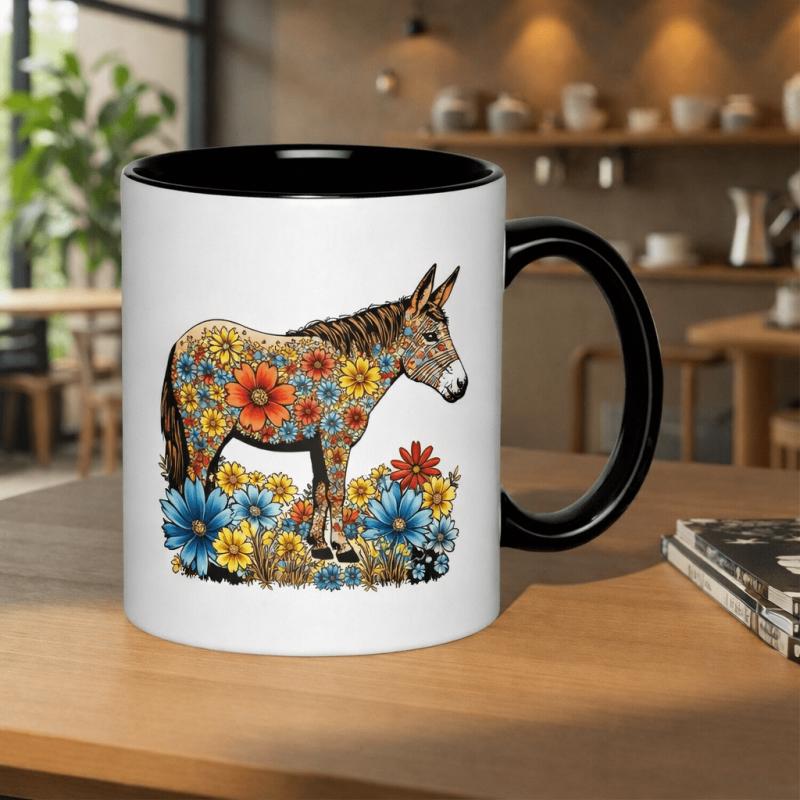 Tailorly Black Accent 11 oz Mug - floral donkey with vibrant flowers and greenery