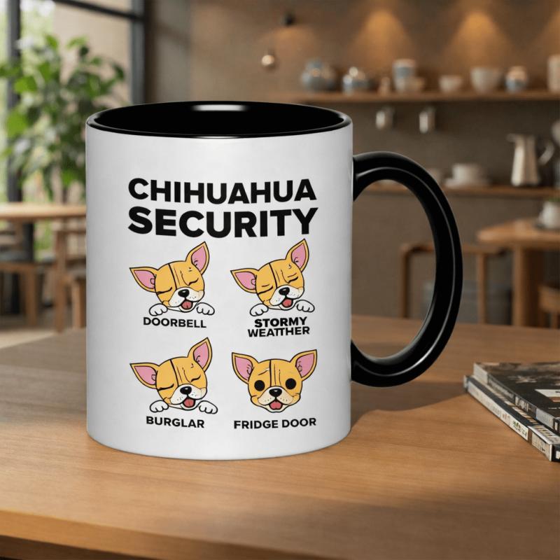 Tailorly Black Accent 11 oz Mug - chihuahua illustration with doorbells
