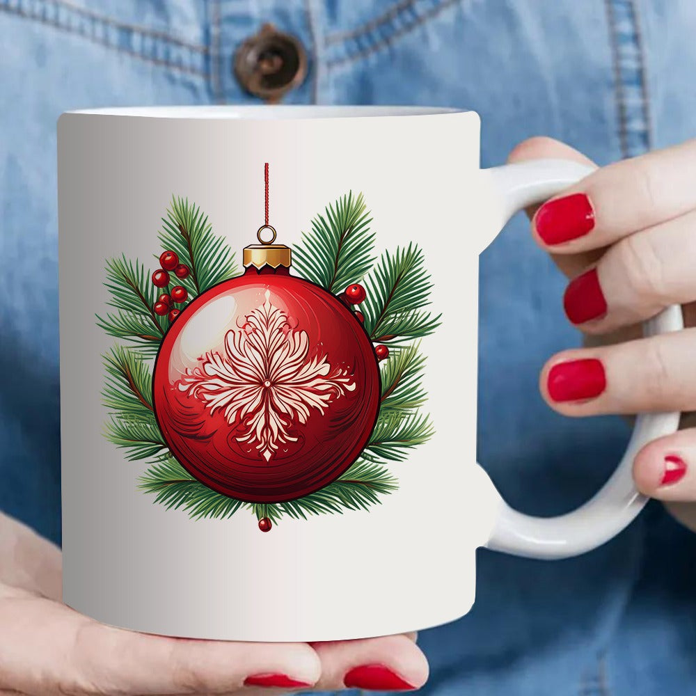 Tailorly White Ceramic 11 oz Mug - christmas red ball ornament