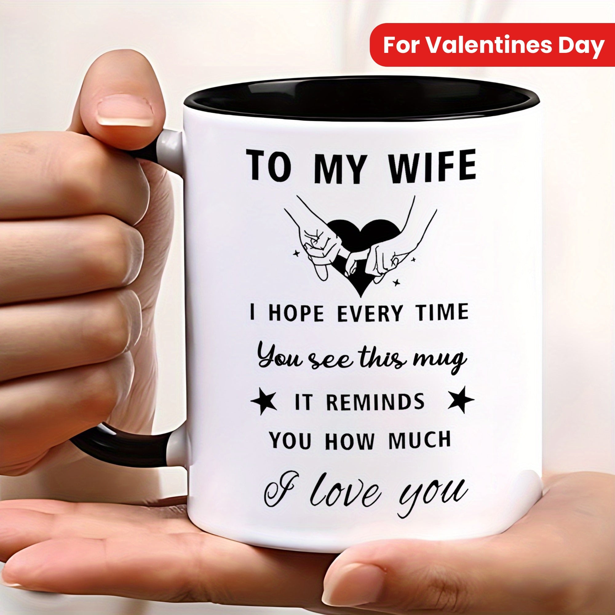 Tailorly Black Accent 11 oz Mug - Romantic to My Wife message and heart hands design
