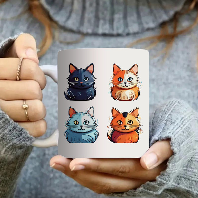 Tailorly White Ceramic 11 oz Mug - four cute feline faces