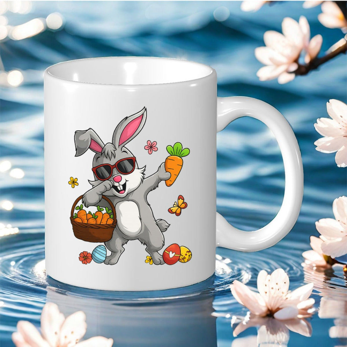 Tailorly White Ceramic 11 oz Mug - easter bunny with festive cartoon bunny colorful eggs carrot