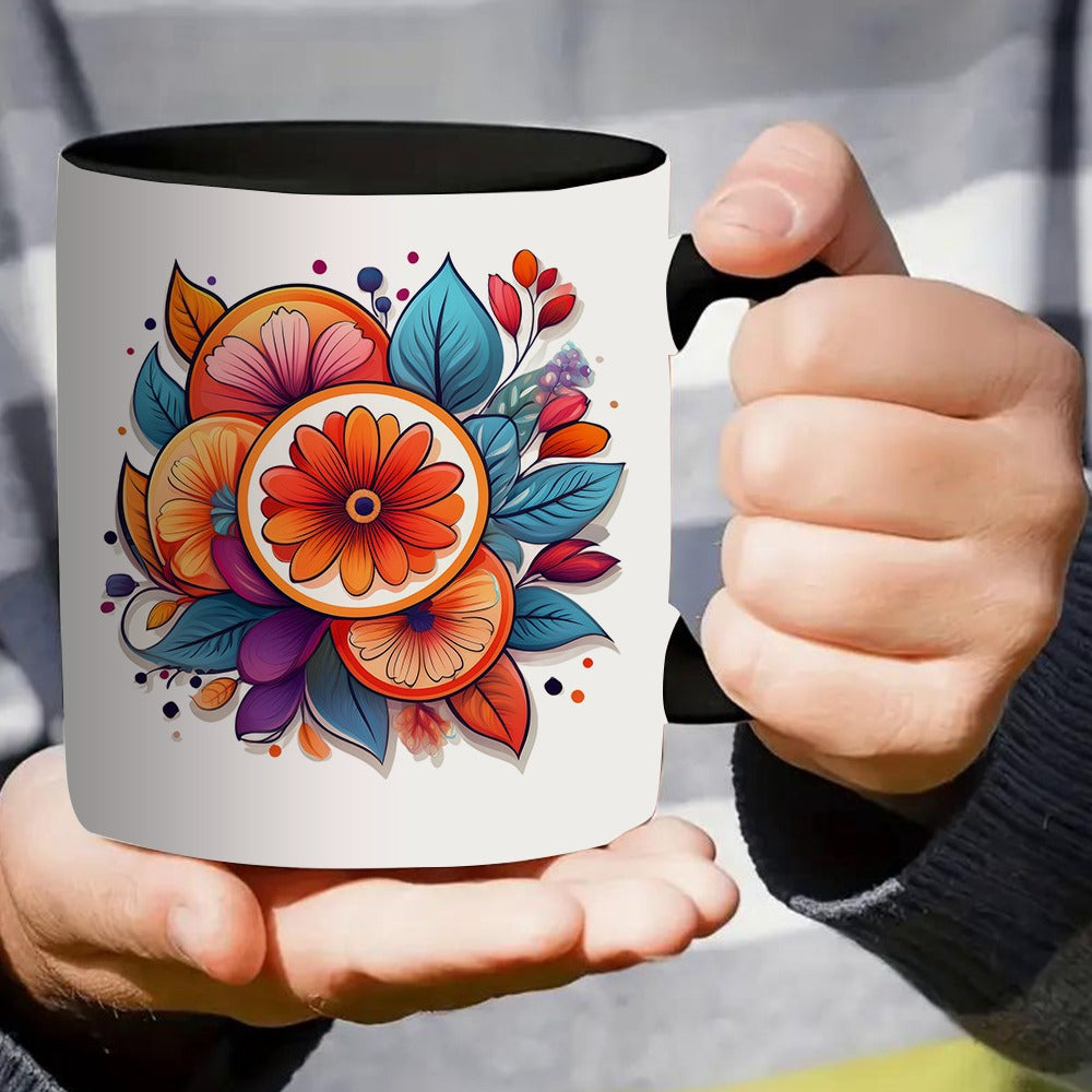 Tailorly Black Accent 11 oz Mug - bright colors and petal patterns