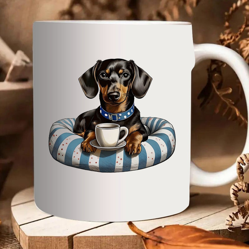 Tailorly White Ceramic 11 oz Mug - dachshund with a coffee cup on a striped pillow