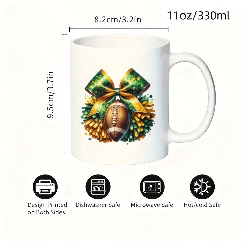 Tailorly White Ceramic 11 oz Mug - football theme with cheerleading pom poms
