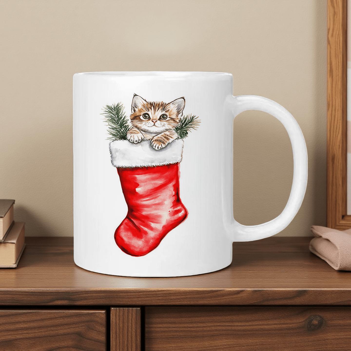 Tailorly White Ceramic 11 oz Mug - christmas shoes kitten theme pattern
