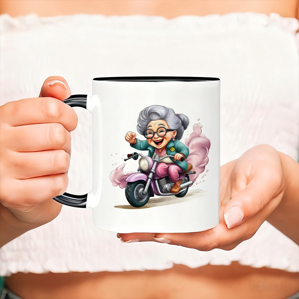 Tailorly Black Accent 11 oz Mug - cartoon of an elderly motorcycle love motorcycles vibrant design