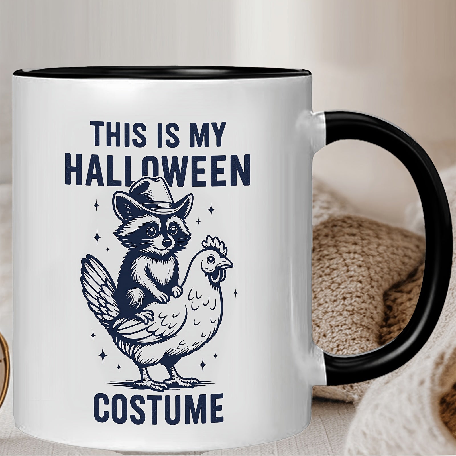 Tailorly Black Accent 11 oz Mug - raccoon riding a chicken