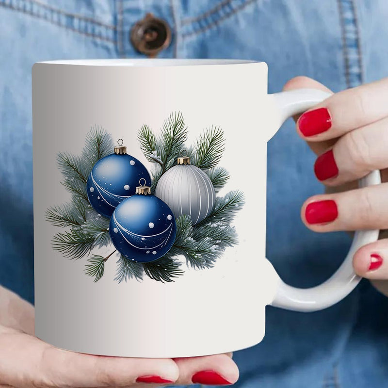 Tailorly White Ceramic 11 oz Mug - christmas tree branches with blue and silver ornaments