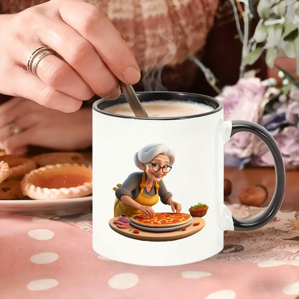 Tailorly Black Accent 11 oz Mug - kitchen scene with grandma making pizza