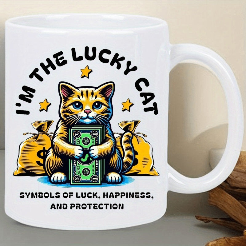 Tailorly White Ceramic 11 oz Mug - coffee and cake themed designs with cat illustration