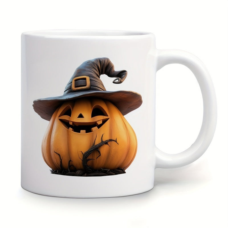 Tailorly White Ceramic 11 oz Mug - halloween witch pumpkin carved fall decor