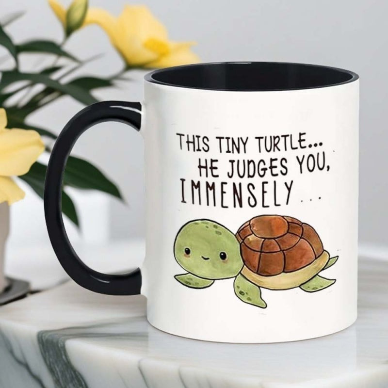 Tailorly Black Accent 11 oz Mug - cute cartoon turtle with the text "this tiny"