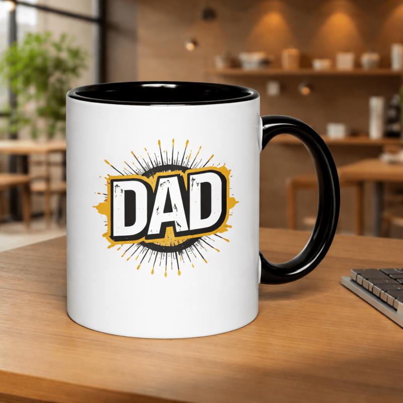 Tailorly Black Accent 11 oz Mug - dad the best father ever text with fun splatter design