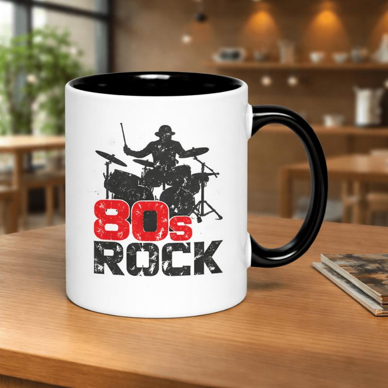 Tailorly Black Accent 11 oz Mug - 80s rock drummer silhouette