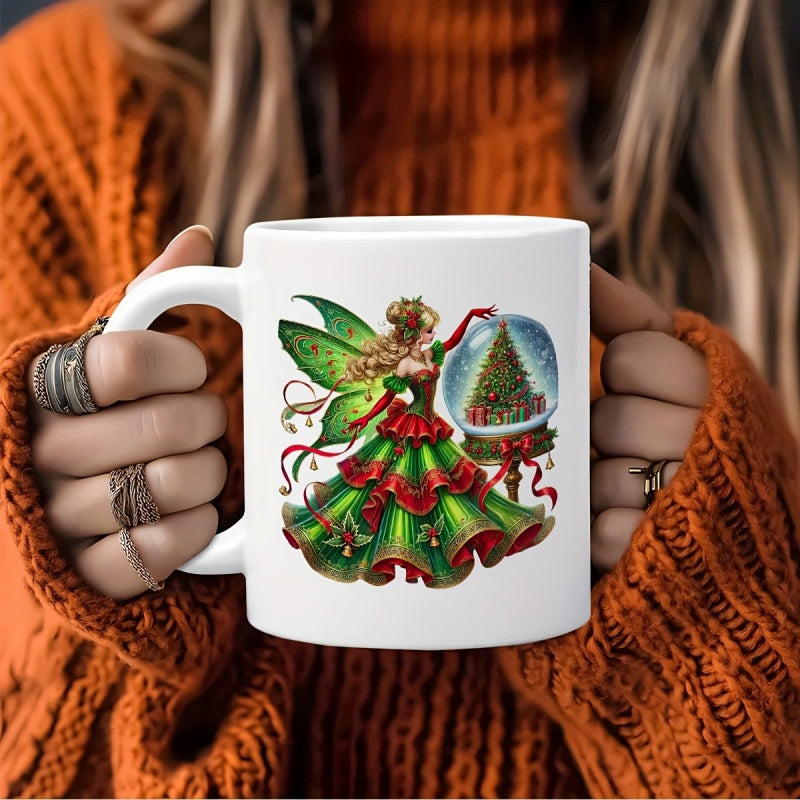 Tailorly White Ceramic 11 oz Mug - magical christmas fairy with red ribbon