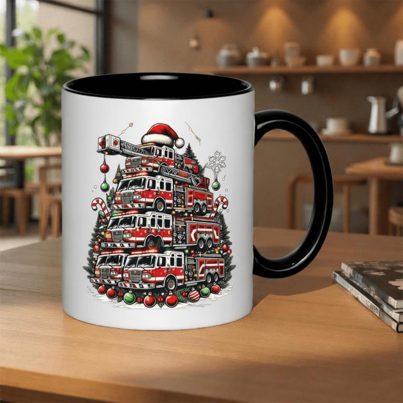 Tailorly Black Accent 11 oz Mug - fire truck christmas tree festive holiday design