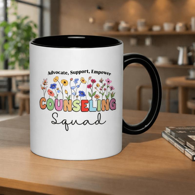 Tailorly Black Accent 11 oz Mug - advocate support counseling squad with flowers