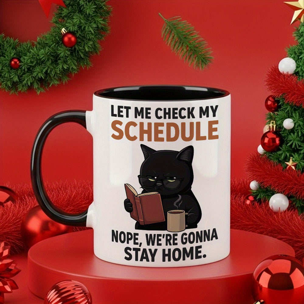 Tailorly Black Accent 11 oz Mug - funny cat reading book with coffee cup