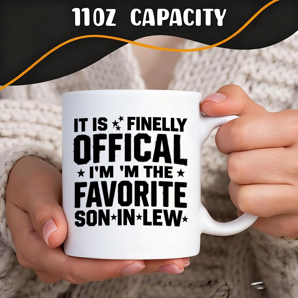 Tailorly White Ceramic 11 oz Mug - mug showcases text that its official im the son in law with star making it an ideal humorous present for