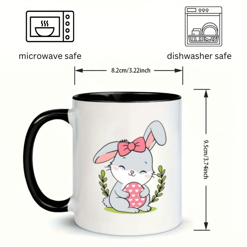 Tailorly Black Accent 11 oz Mug - cute bunny heart with pink bow and green leaf design