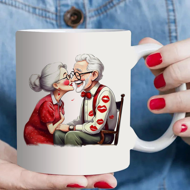 Tailorly White Ceramic 11 oz Mug - romantic elderly couple kissing