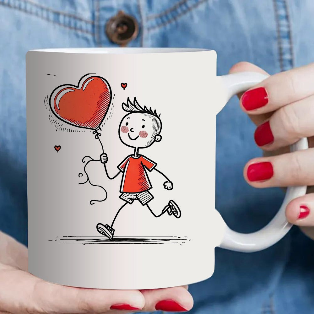 Tailorly White Ceramic 11 oz Mug - boy with a heart shaped balloon