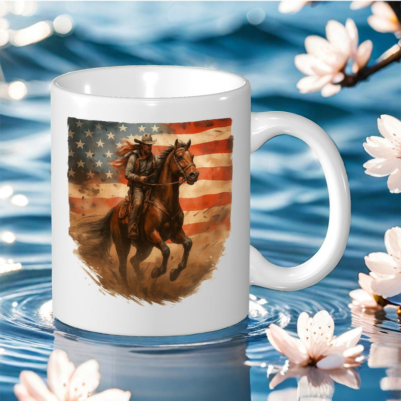 Tailorly White Ceramic 11 oz Mug - cowboy horse print