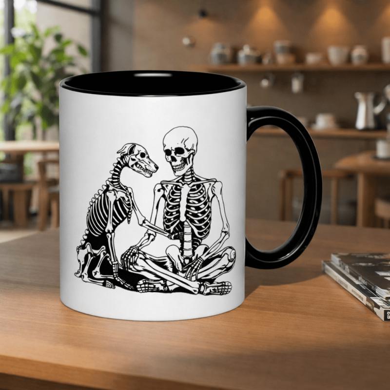 Tailorly Black Accent 11 oz Mug - a skeleton dog and a human skeleton meditating