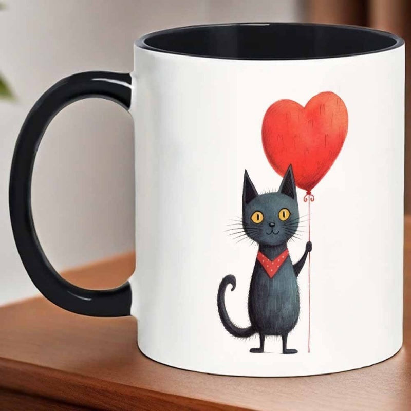 Tailorly Black Accent 11 oz Mug - black cat with red scarf holding heart balloon