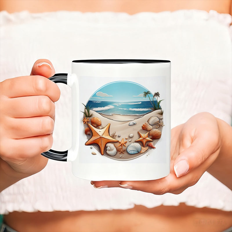 Tailorly Black Accent 11 oz Mug - beach scene with ocean waves palm trees and seashells