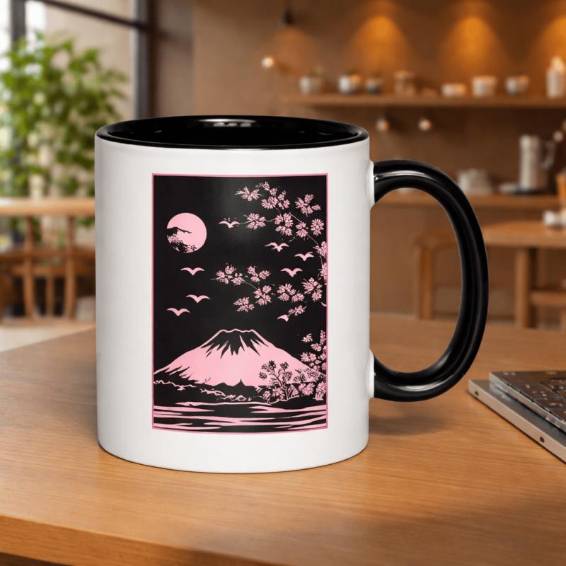 Tailorly Black Accent 11 oz Mug - cherry moon and birds japanese art 11oz printed ceramic mug coffee cups 11oz printed ceramic mug ceramic durable