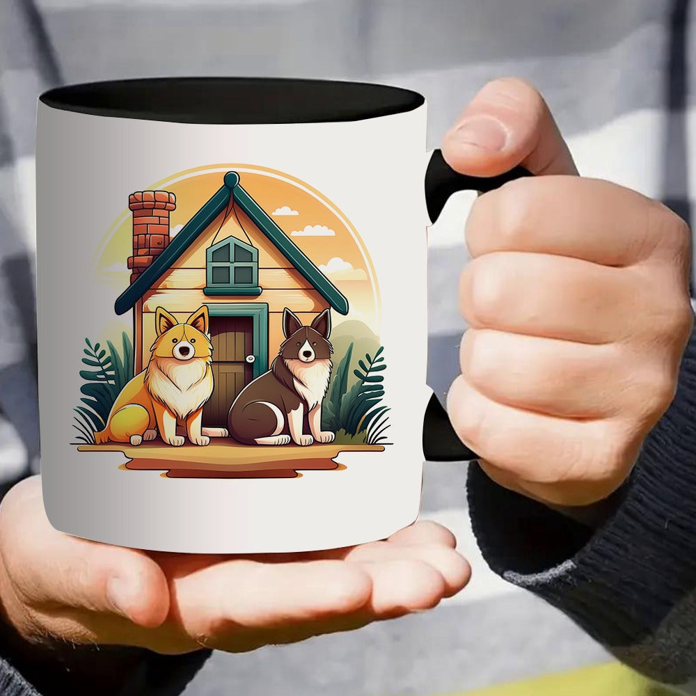Tailorly Black Accent 11 oz Mug - one cute dog themed coffee mug featuring a cozy house design ideal for coffee and a great gift idea for pet lovers