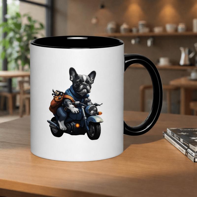 Tailorly Black Accent 11 oz Mug - french bulldog rider on motorcycle with backpack adventure