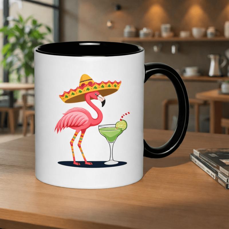 Tailorly Black Accent 11 oz Mug - flamingo in a sombrero holding a margarita