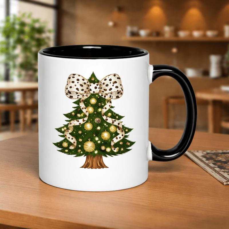 Tailorly Black Accent 11 oz Mug - christmas tree with golden decorations and a leopard print bow