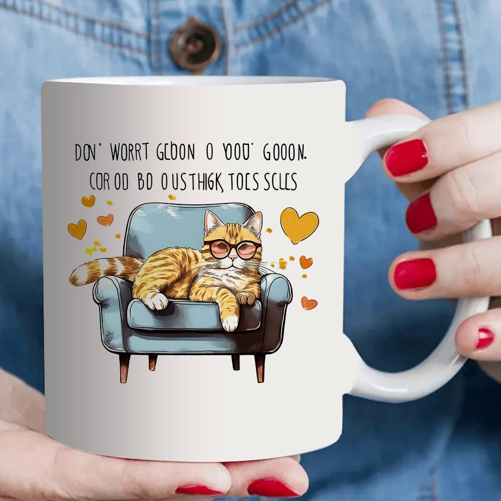 Tailorly White Ceramic 11 oz Mug - cute cat with glasses relaxing on chair